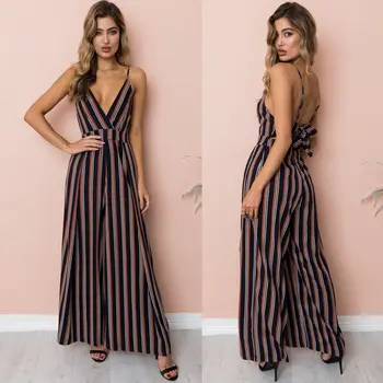 

Fashion Women Floral Striped Jumpsuit Romper Sleeveless Playsuit Trousers Wide Leg Pants Summer Casual Holiday Clothing