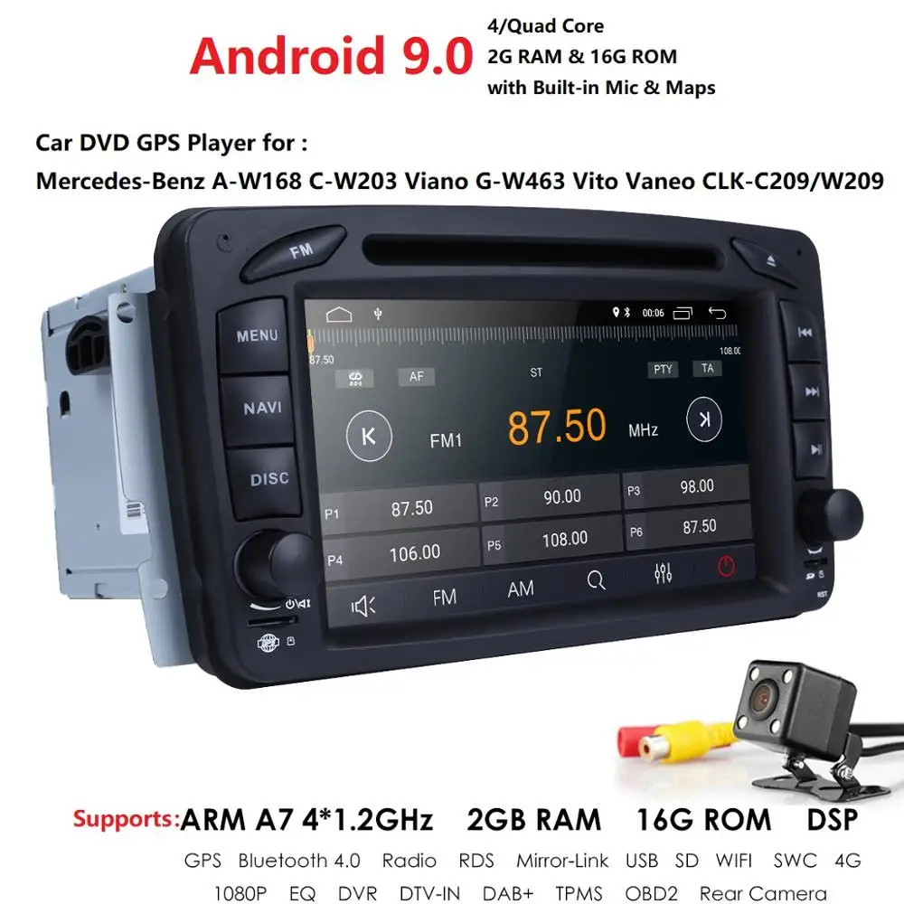 Автомобильный мультимедийный плеер Android 9,0 gps 2Din DVD Automotivo для Mercedes/Benz/W209/W203/M/ML/W163/Viano/W639/Vito радио мультимедиа