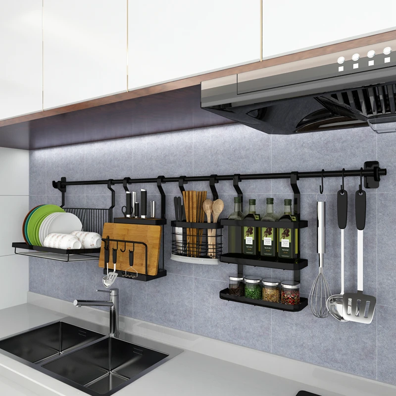 

Black stainless steel kitchen rack no punch-free knife rack rack hanger rack wall hanging water rack