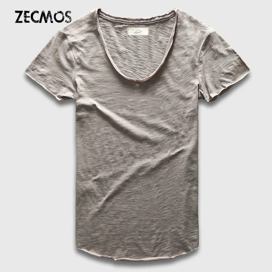 Zecmos Fashion Men T-Shirt With V Neck T Shirts For Men Male Luxury Cotton Plain Solid Curved Hem Top Tees Short Sleeve