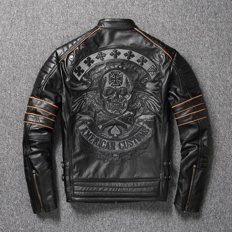 2021 New Skull Embroidery Men's First Layer Cowhide Leather Jacket Motorcycle Slim  Oversize Coat black sheepskin coat