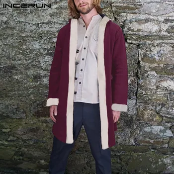 

INCERUN Fashion Patchwork Men Jackets Streetwear Hooded Button Korean Trench Long Style Outerwear Long Sleeve Coat Cardigan 2020