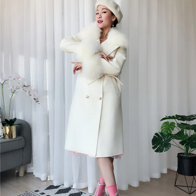 Модная женская зимняя одежда, длинное зимнее шерстяное пальто с натуральным лисьим мехом, Женская куртка, Кашемировое шерстяное пальто