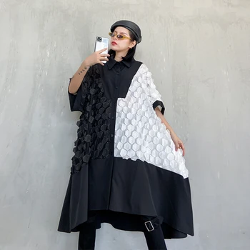 

iMucci 2020 Spring New Polo Collar Shorts Sleeve Patchwork Hit Color A-line Dress Loose Chiffon Dress Street Style TM1681