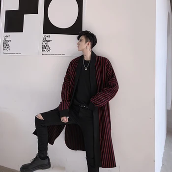 

Male Japan Streetwear Hip Hop Windbreaker Jacket Outerwear Overcoat Men Loose Casual Long Stripe Cardigan Trench Coat