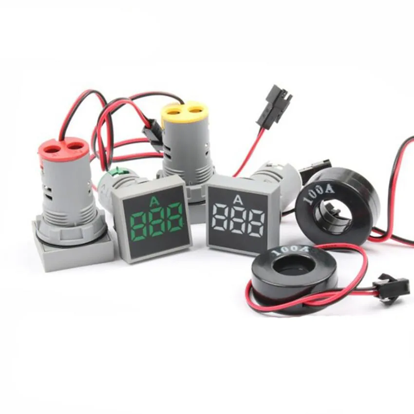

22MM Mini LED Indicator Light AC 0-100A Digital Ammeter Current Meter Green Red Yellow White Blue Warning Signal Indicator