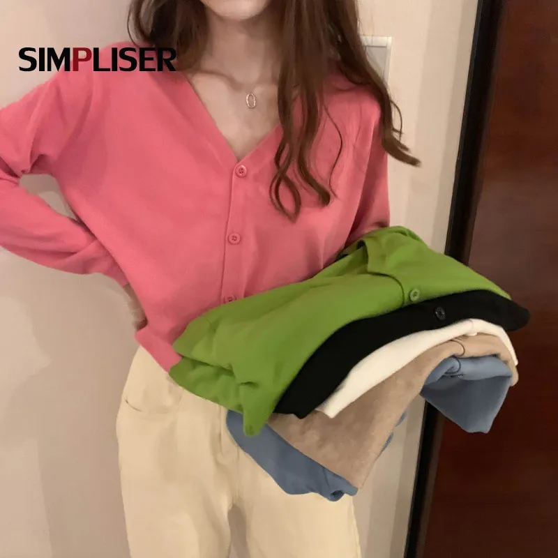 

Loose V-neck Cardigans Women Sweater Lazy Knitwear Button Up Female Knitting Coats Long Sleeve Pull Femme Pink Green Cloth 2020