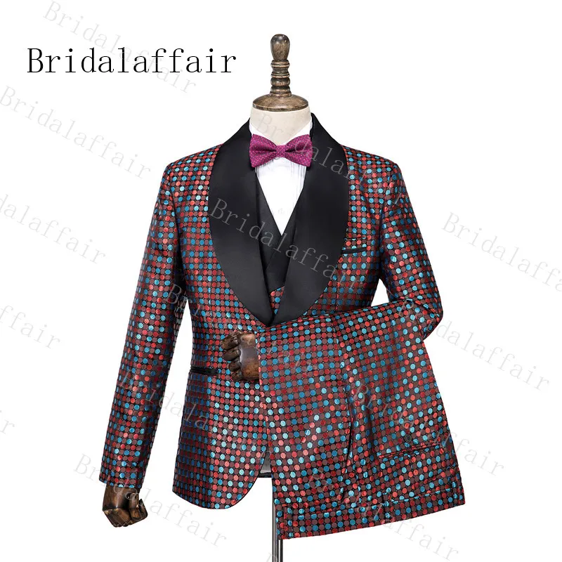 Bridalaffair Для мужчин костюмы комплект из 3 предметов осень банкет серии красные, синие пятно жениха мужской мундир для свадьбы черный жилет с лацканами, комплекты одежды на возраст