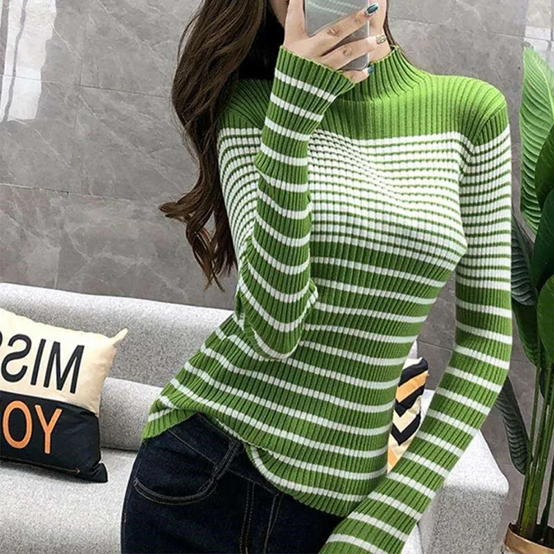 Women's Sweater Fashion Basic Autumn Winter Stripes Print Slim Long Sleeved Turtleneck Bottom Knit | Женская одежда