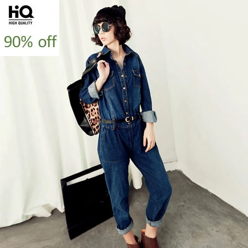 

British Safari Style Spring Autumn Long Sleeve Womens Denim Jumpsuits Vintage Loose Full Length Pants Female Cargo Overalls