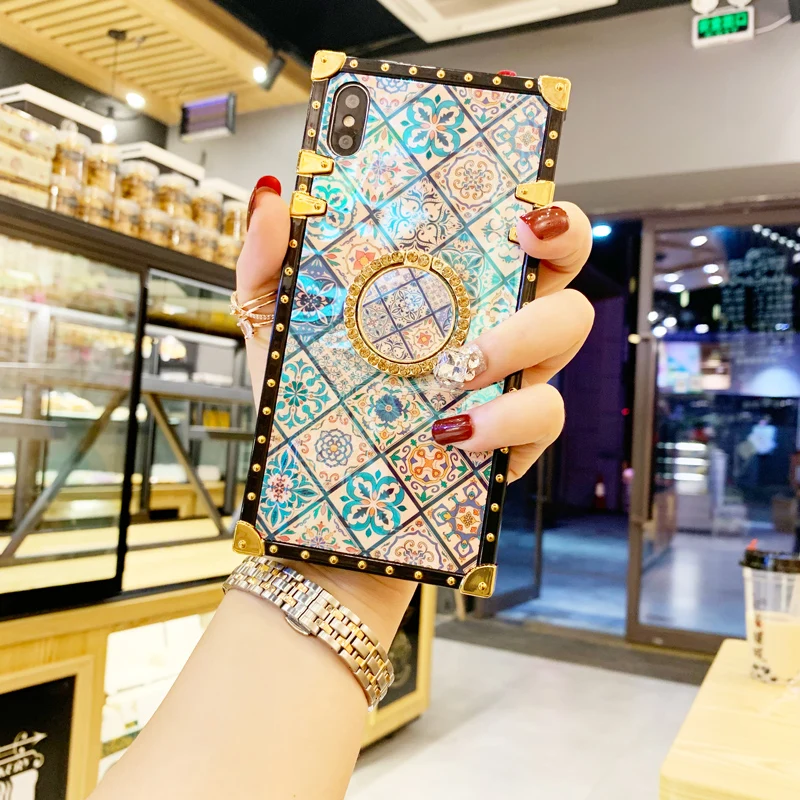 Case For iPhone Xr Xs Max Cover Blue Ray Square Rivet Chinese Style Girly Shiny Ring Stand Case For iPhone X Xs 7 8 Plus 6S Case (14)
