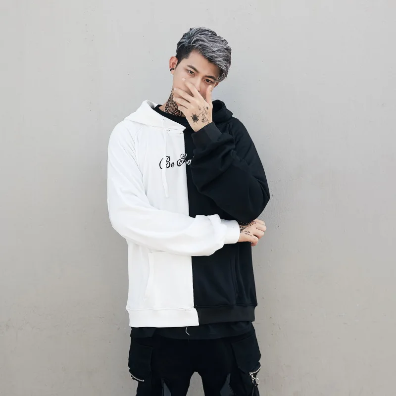 

Hoodies Sweatshirts Men Hip Hop Color Block Black White Patchwork Male Hoodie Smile Print Streetwear Men Clothes 2018 for Women