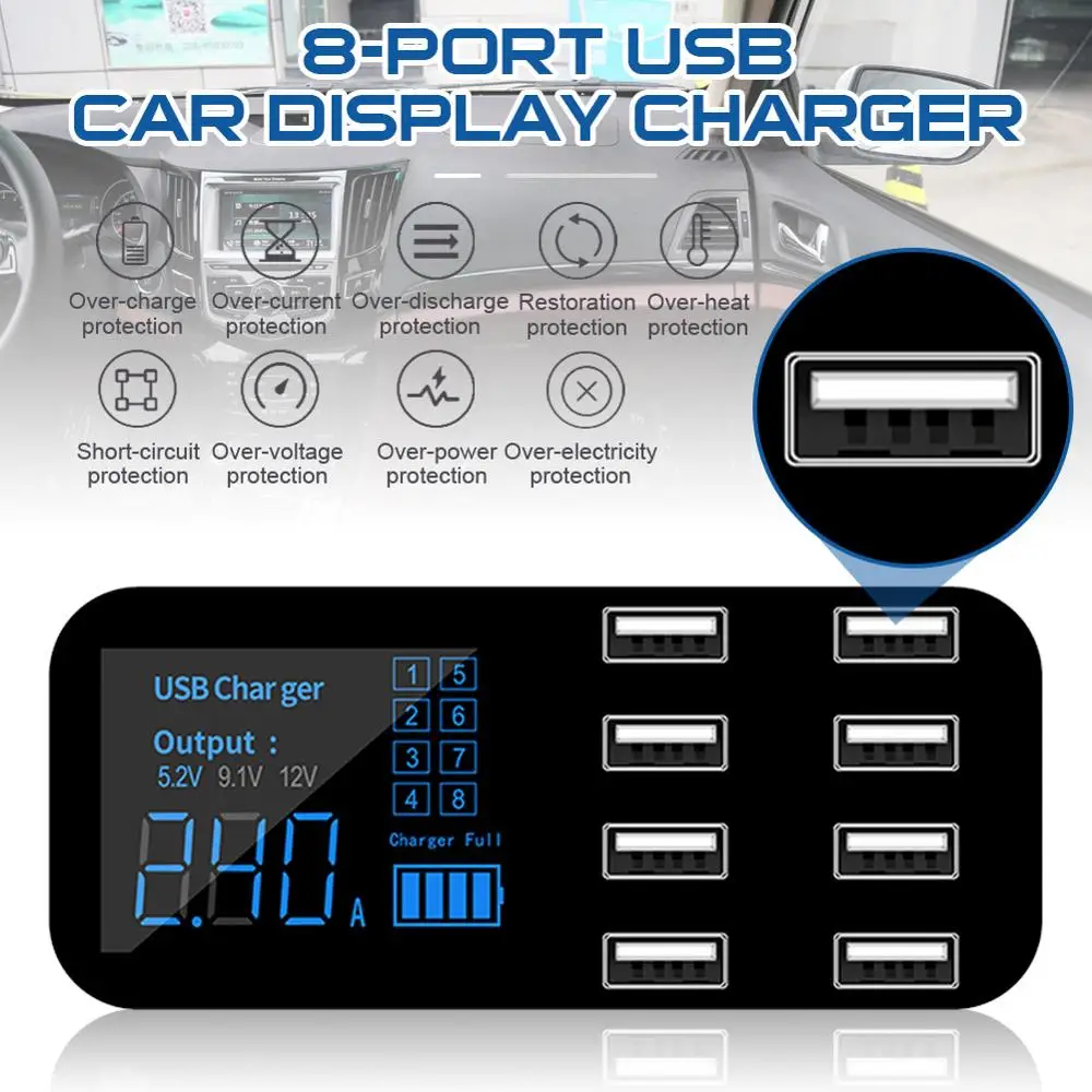 

Multi-Port USB Charger for Car 8-Port Car Lighter Charging Station Hub with LCD Display
