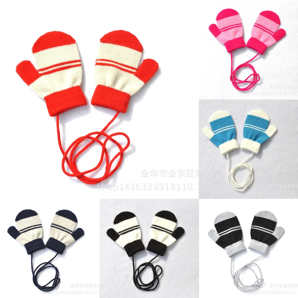 

Bun Gloves For Children 1-5 Years Old Patchwork Stripped Fingerless Glove For Kindergarten Neck Hung Rope Mittens Knitting Glove