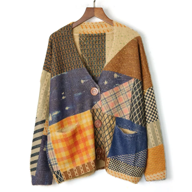 #Special Offers 2019 New Winter Fashion Vintage Literary Print V-neck Long Sleeve Loose Knit Cardigan Jacket Women Sweater Coat