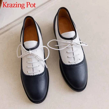 

Krazing Pot new genuine leather mixed colors lace up vintage daily wear round toe low heels women preppy style spring pumps L81