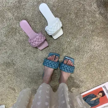 

Brand Pleated Slippers Women Square Toe Flat Slides Summer Beach Flip Flops Sandals Women Outdoor Slippers Massage Outsole