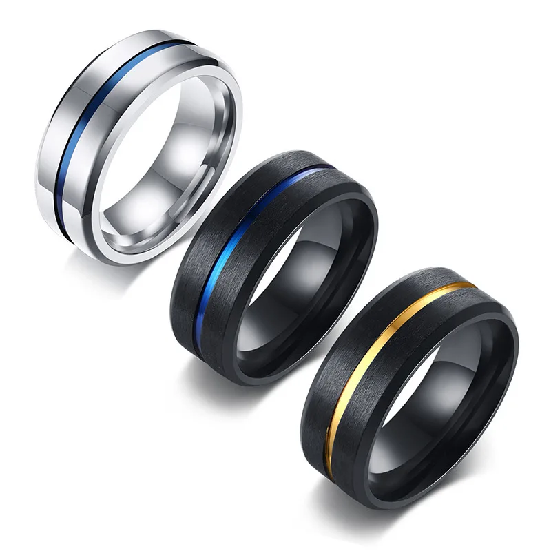 

Black Stainless Steel Ring Men With Rainbow Line Classic Male Wedding Band Multi Color Jewelry Simple Man Rings Jewelry
