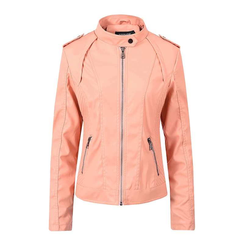 Pink Новинка, Женская куртка из искусственной кожи на весну и осень, Повседневная тонкая мягкая байкерская куртка из искусственной кожи, Женская Базовая куртка - Цвет: Pink
