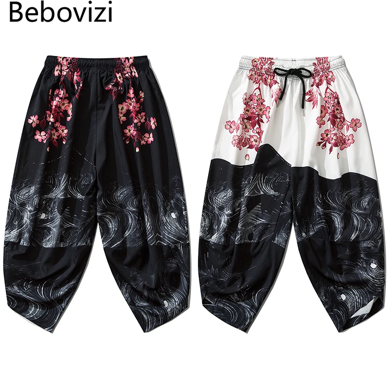 Bebovizi 2020 Japanese Style Harajuku Men Trousers Sakura Samurai Costume Loose Fashion Women Traditional Bloom Pants Haori