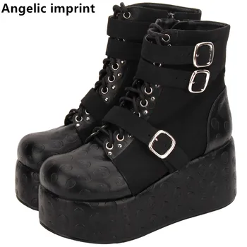 

Angelic imprint mori girl Women motorcycle punk boots lady lolita short Boots woman high heels pumps wedges shoes print skull 47