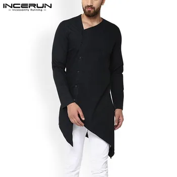 

Men Indian Clothes Shirt Streetwear Vintage Long Sleeve Button Irregular Long Shirts Men Kurtas Solid Muslim Tops 2020 INCERUN