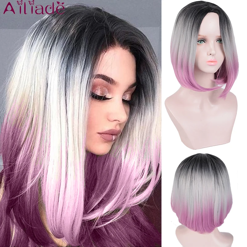 

AILIADE Short darkroot with Pink Hair tail BOB Wig For Women Synthetic Hair Heat Resistant High Temperature Ombre Straight Wig