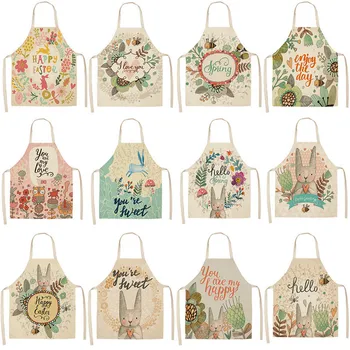 

Parent-child Kitchen Apron Happy Easter Rabbit Eggs Print Sleeveless Cotton Linen Aprons for Kids Men Women Home Cleaning Tools