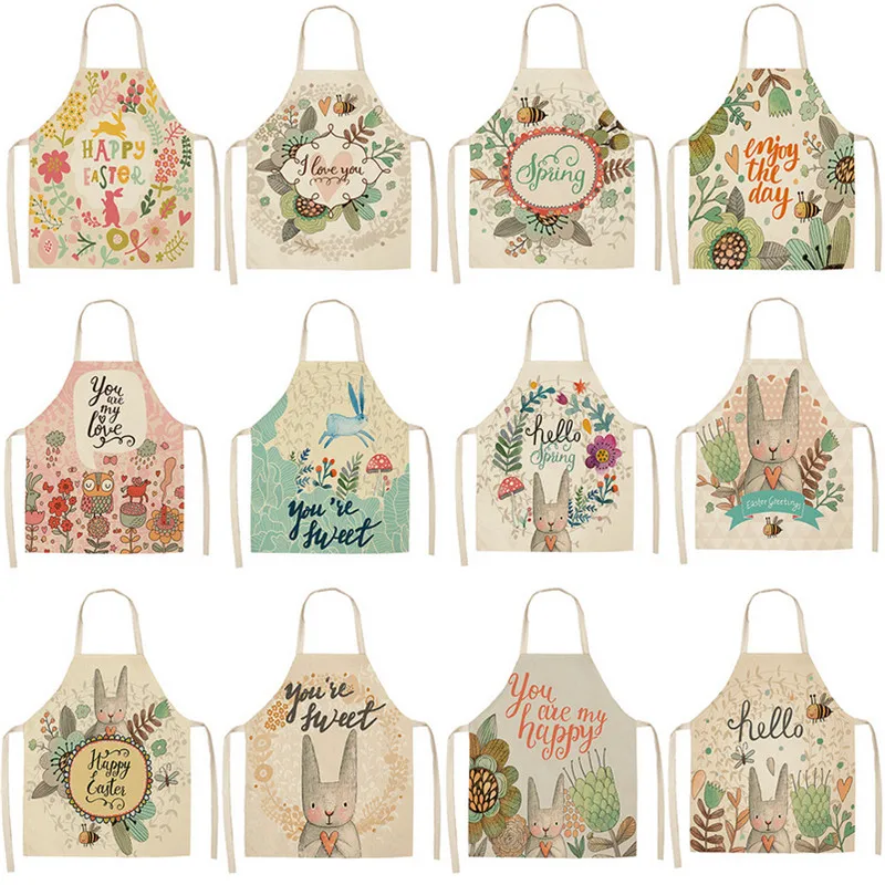 Parent-child Kitchen Apron Happy Easter Rabbit Eggs Print Sleeveless Cotton Linen Aprons for Kids Men Women Home Cleaning Tools