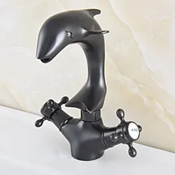 Black Oil Rubbed Bronze Swivel Spout Dual Cross Handles Cute Animal Dolphin Style Bathroom Kitchen Sink Faucet Mixer Tap msf847