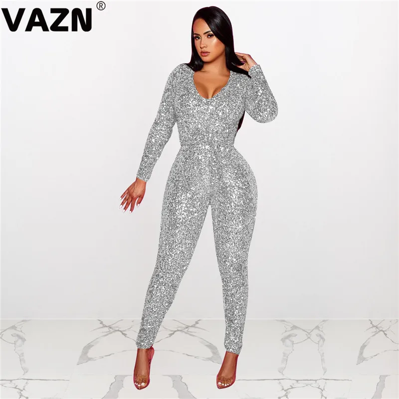 VAZN, v-образный вырез, с блестками, однотонный, яркий, модный, уличный, Повседневный, облегающий, сексуальный, длинные штаны, тонкий, длинный комбинезон