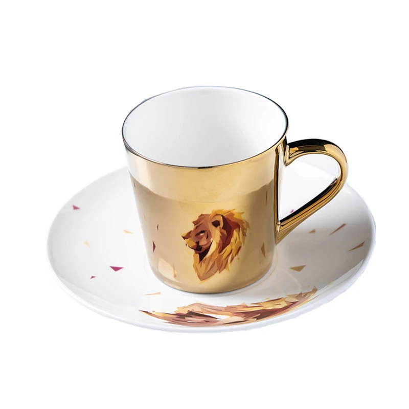 Зеркальные кофейные кружки отражающие Лев керамические чайные чашки и блюдца