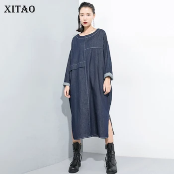 

XITAO Asymmetrical Split Casual Denim Dress Women 2019 Autumn New Style Fashion Personality O Neck Elegant Long Sleeve GCC2081