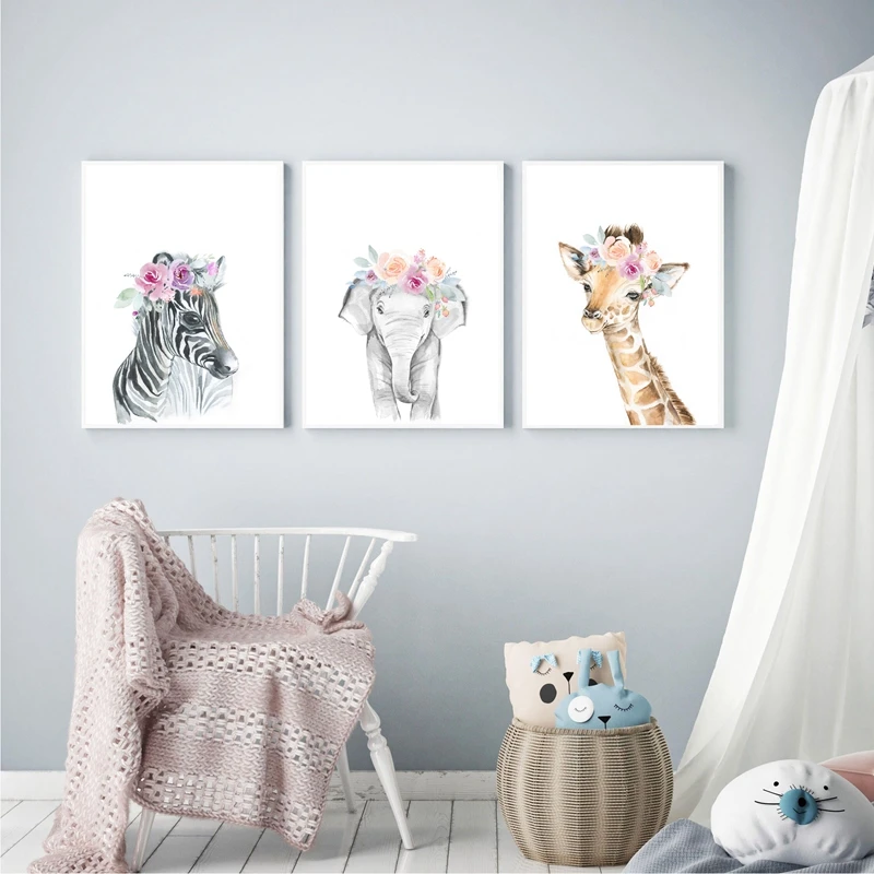 主图_Animals_Floral_Crown_Art_Decor_Canvas_Painting_Baby_Girl_Prints_Animal_Giraffe_Elephant_Lion_Wall (3)