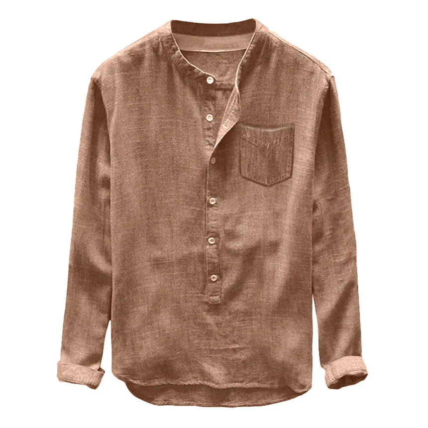 Khaki KLV Мужская рубашка, модная мужская Осенняя зимняя повседневная льняная и хлопковая рубашка с длинным рукавом, рубашка цвета хаки размера плюс 3XL - Цвет: Khaki
