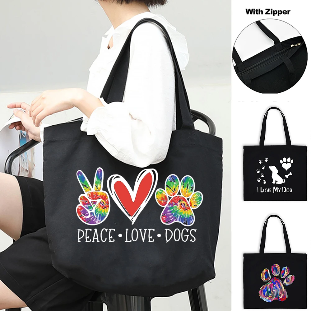 

Peace Love Dog Print Women Canvas Shoulder Shopping Bags Zipper Tote Bag Reusable High Capacity Cartoon Love Dogs Paw Handbag