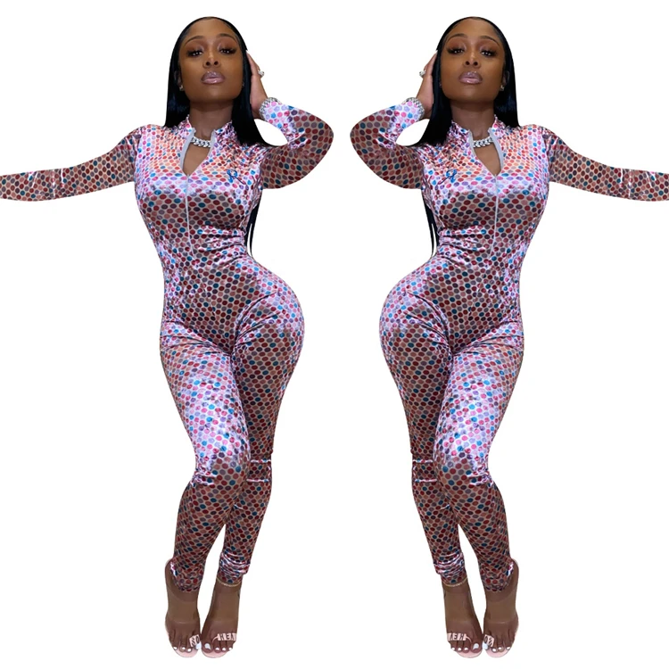 A110494 2019 casual long zipper polka dot pleuche fashion wholesale print women jumpsuits and rompers
