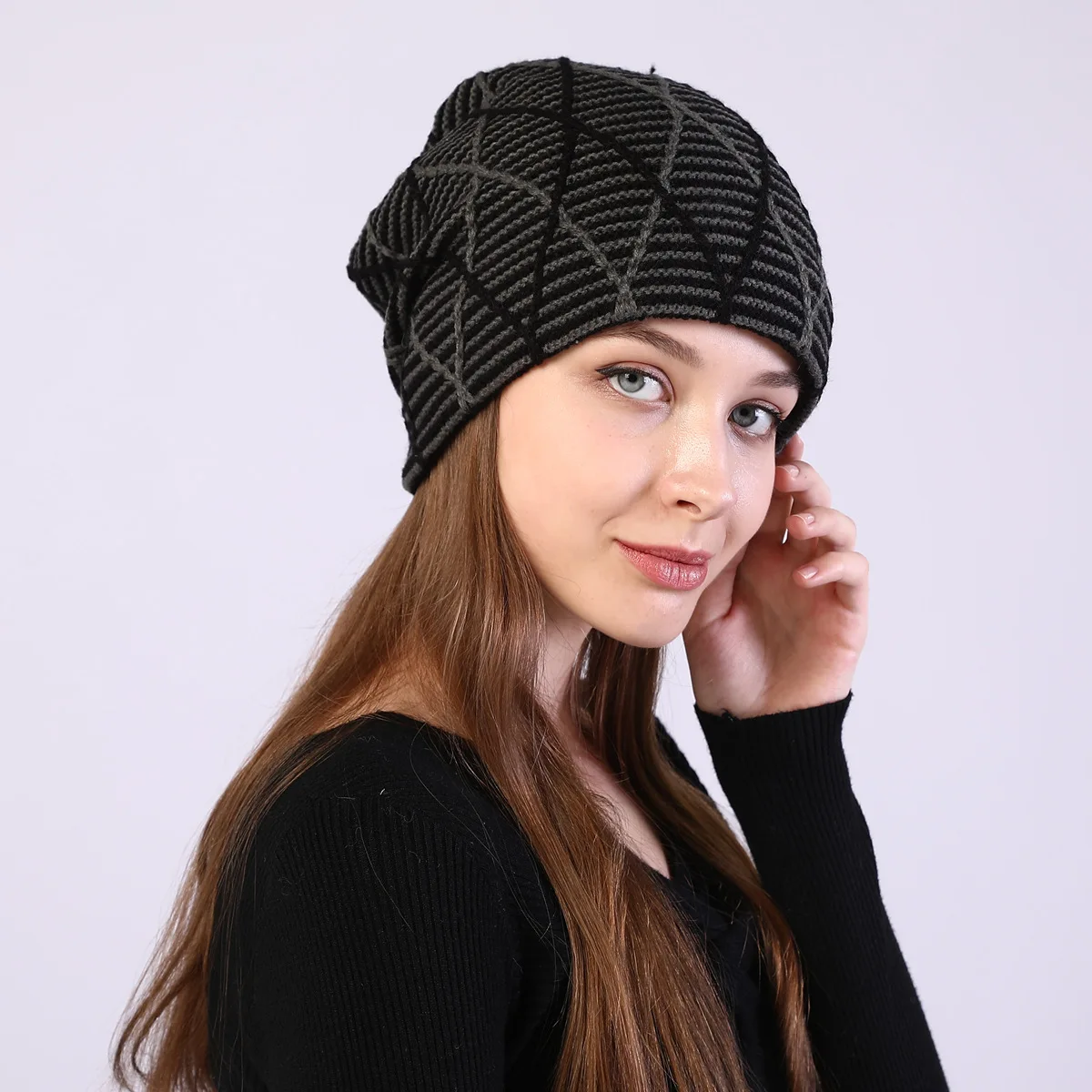 OMEA Diamond Plaid Knitted Beanie Hat for Women Beanies for Ladies Winter Skullies Hat Adjustable Pullover Plus Velvet Beanies