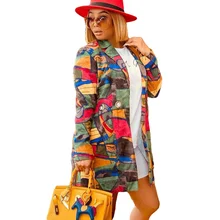 Casual mulher graffiti impressão buracos longo jakcet mulher streetwear cardigan senhora escritório blazers oversized outerwear roupas femininas