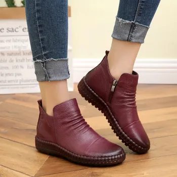 

Dropshipping Fashion Autum Flat Boots Genuine Leather Ankle Shoes Vintage Casual Shoes Brand Design Retro Handmade Women Boot