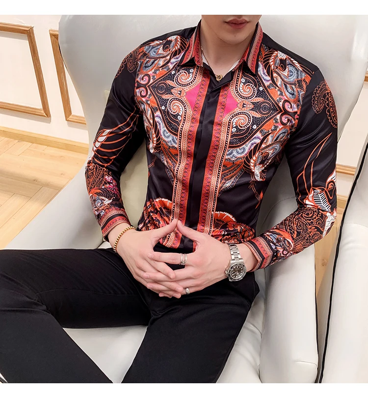 Luxury Men's Floral Print Shirt Fashion Brand Long Sleeve Slim Camisa masculina Social Men's Tuxedo Shirt Club Prom Costume