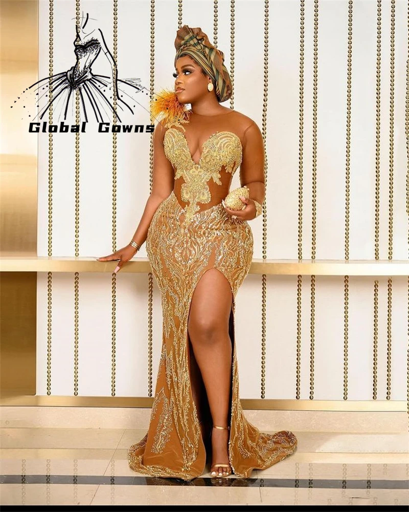 2021 Sexy African O Neck Evening Dresses Mermaid Beaded Feathers Nigeria Arabic Formal Dress High Slit Vestidos De Noite red evening dress