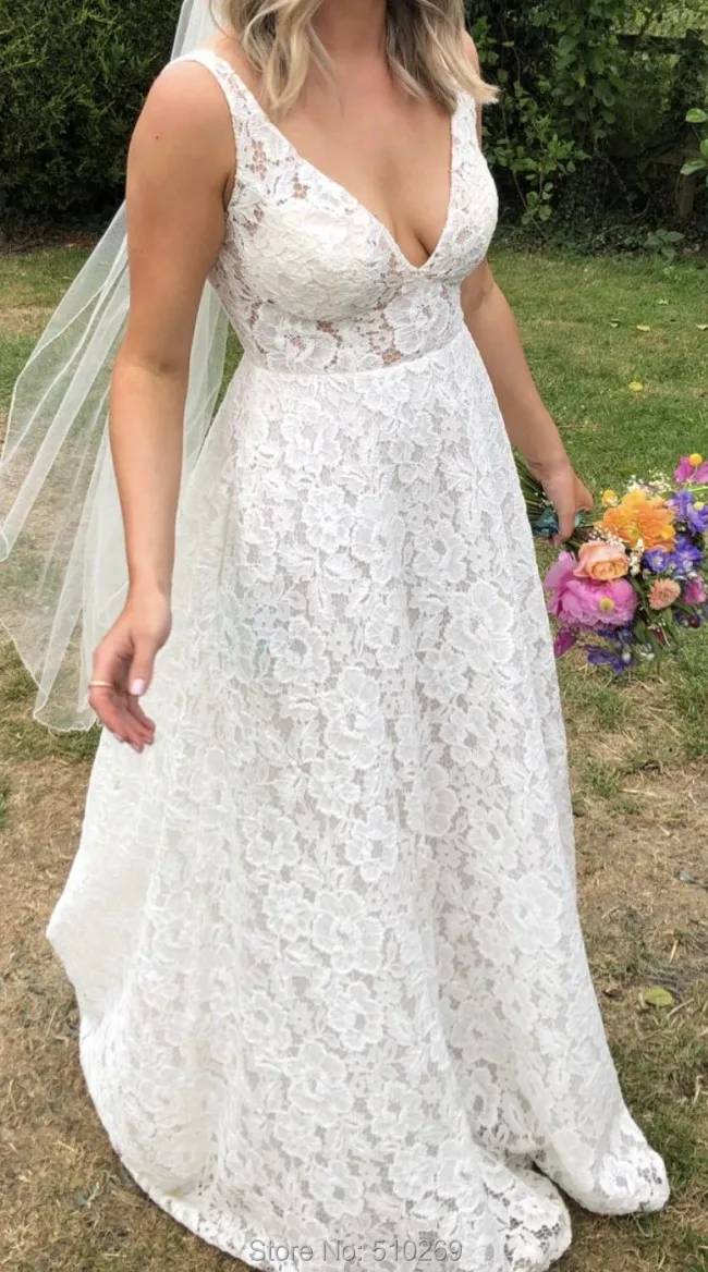 

A Line Bridal Gowns Low V Back Pockets Beautiful Lace Straps Wedding Dress Custom Made Vestido De Novia Robe De Mariee
