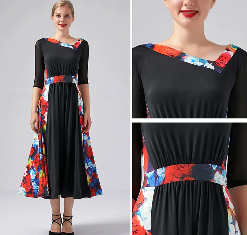 С цветочным рисунком, с длинным рукавом костюмы для бальных танцев платье для современного танца фламенко Вальс платье Стандартный практика Одежда Конкурс костюм