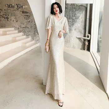 

wei yin AE0281 Gold Champagne Long Evening Dresses V-Neck Mermaid Sequined Formal Dresses Women Elegant Party Gowns
