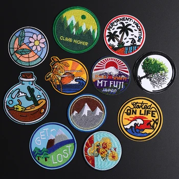 

Fine Animal Round Forest Coconut tree Embroidered Appliques Iron On Sea wave Drifting bottle Patches Diy Mount Fuji Japan Badges