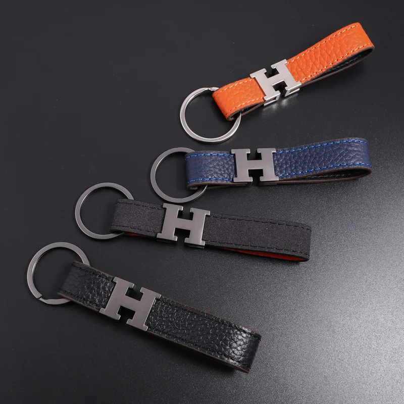 H Letter Buckle Car Key Ring Creative Gifts Key Ring Embossed Leather Keychain Men Waist Hanging Natural Leather 107