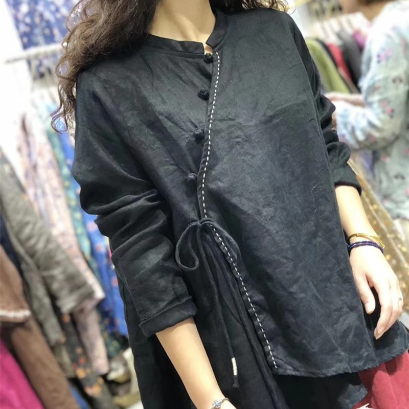 Spring Autumn Arts Style Women Long Sleeve Loose Shirt Vintage Button Solid Cotton Linen Blouses Plus Size Blusa Feminina S584 black long sleeve top