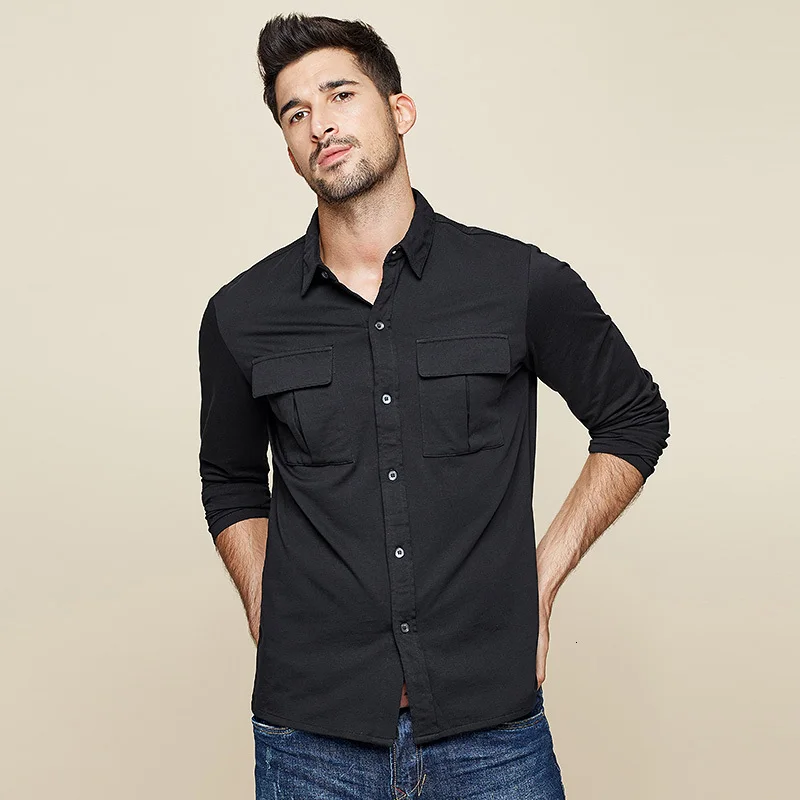 KUEGOU Autumn Cotton White Pocket Shirt Men Dress Button Casual Slim Fit Long Sleeve Male Fashion Brand Blouse 7765