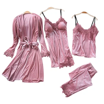 

Women Solid 4pcs Autumn Spaghetti Strap Nightgowns Sleepwear Long Sleeve Adult
